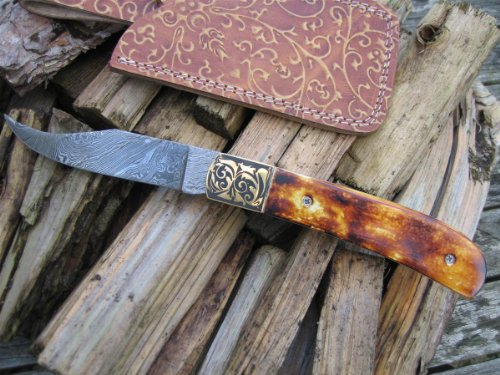 Beautiful Hand Made Giant 12 inch Damascus Folding Bowie Knife - Mammoth Bone Brass Engraved Bolsters.