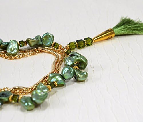 Elegant multi layered green baroque pearl and gold chain necklace Crystal bead tassel pendant