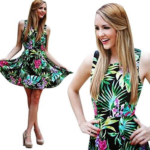 Chicnova Women's Green Leaf Floral Printed Sleeveless A-Line Mini Dress