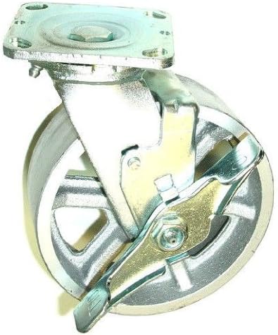 Swivel Plate Caster with Spoked 8" x 2" Cast Iron Wheel with Side Lock Brake