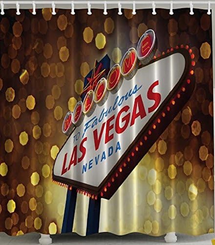 Las Vegas Strip Digital Graphic Technology Shower Curtain Welcome Sign Design Water, Soap, and Mildew Resistant Machine Washable and Ring Hooks Are Included