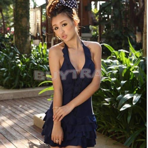 2014 NEW Sexy Deep V One Piece Swimsuit Swimdress Ruffle Swimwear Halter Plus Size Dress