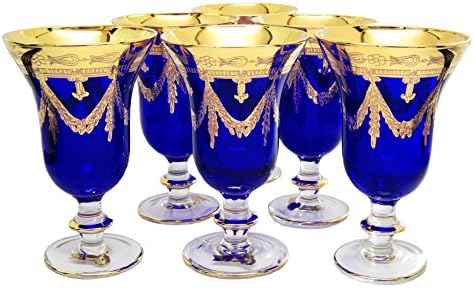 PromasterGifts Versace-inspired 6pc Set of Vintage Italian-made Blue Crystal Wine Goblets, 24K Gold-plated HANDMADE