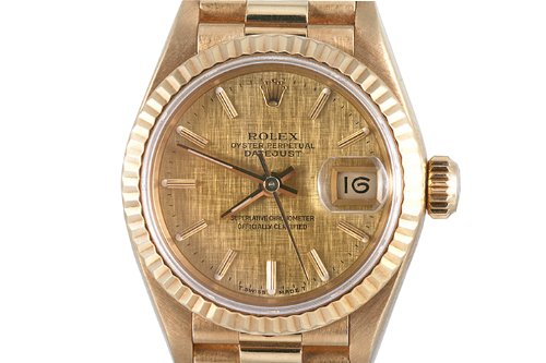 Rolex Ladies Yellow Gold President Champagne Linen Dial Fluted Bezel