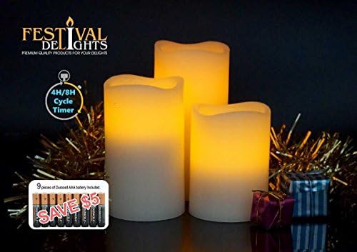 Flameless Candles By Festival Delights- Real Wax, 9pc Duracell Batteries Included, Cream Color, Cycle Timer, Remote Control, LED Candles, Flameless Candle Set, Battery Operated, Decorations, Centerpieces