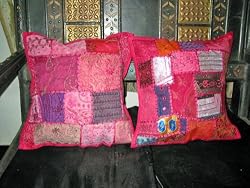 2 Salmon Pink Hand Embroidery Pillow Cushion Covers Throw India 16"