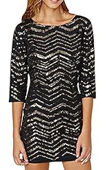 Round Neck  Sequined Cutout Striped Print Elbow Length Sleeves Bodycon Dress  With a Bow(s)