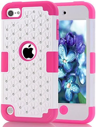 iPod Touch 5 Touch 6 Case,Durable 3in1 PC+Silicone Design Bumper Slim Crystal Bling Hybrid Armor Case fit for iPod Touch 5 Touch 6 Generation (White/Rose)