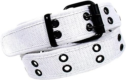 Enimay Designer Double Hole Canvas Belt Black Buckle White Medium
