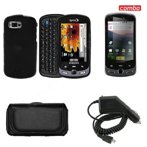 Samsung Moment M900 Combo Rubber Feel Black Protective Case Faceplate Cover + LCD Screen Protector + Rapid Car Charger + Black Horizontal Leather Pouch for Samsung Moment M900