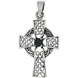 Sterling Silver Celtic High Cross Pendant w/ Single Black CZ, w/ 18" Thin Box Chain