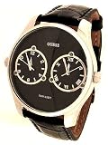 GUESS Men's Dual Time Zone with Black Leather Strap Watch