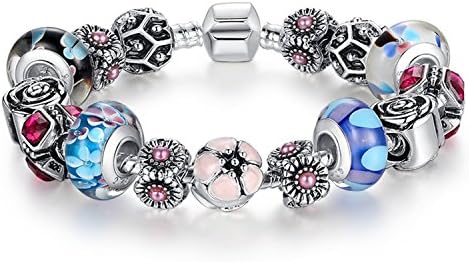 Fun Charm Jewelry Glass Beads Flower Rose Crystal Snake Chain Silver Plated Fit Pandora Charm Bracelet