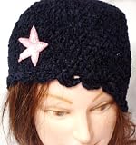 Hand Crocheted Dark Navy Color 100% Rayon Chenille and Gimp Skull Cap for Women and Teens Trimmed with Sequin Star