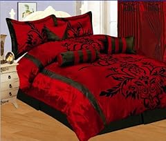 7 PC MODERN Black Burgundy Red Flock Satin COMFORTER SET / BED IN A BAG - KING SIZE BEDDING 
