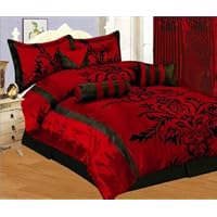 7 PC MODERN Black Burgundy Red Flock Satin COMFORTER SET / BED IN A BAG - QUEEN SIZE BEDDING