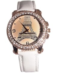 Color Beautiful Copper and Rhinestone Eiffel Tower Quartz Watch for Ladies (white)