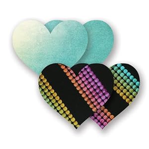 Nippies Black Rainbow Metallic Turquoise Green Heart Waterproof Self Adhesive Fabric Nipple Cover Pasties