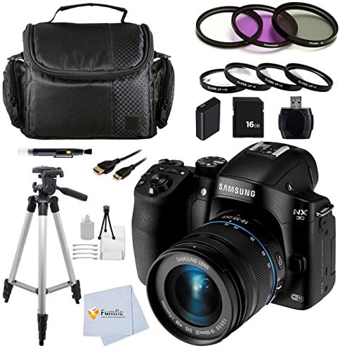Samsung NX30 20.3MP CMOS Smart WiFi & NFC Interchangeable Lens Digital Camera with 18-55mm Lens and 3" AMOLED Touch Screen and EVF (Black) with 7 Pc. Filter Kit + 16GB Memory Card + Reader + 50" Tripod + Battery & more