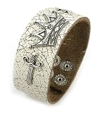 Mens White Leather Crown/Sword Bracelet