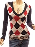 Patty Women Smart V Neck Checkers Long Sleeve Knit Top