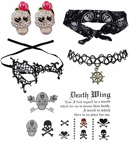GOTHIC PIRATE SET SKULL EARRINGS +BLACK BANDANA+ONE EYE MASK+WHEEL CHOKER+TATTOO