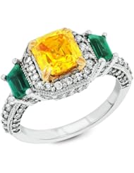 Gemesis Created Diamond, Vivid Fancy Yellow Orange, Renaissance "Grand Dame" With Emerald Trapezoid Side Accents & Micro Pave, 18Kt T/T, Ring, 2.65 TCWT
