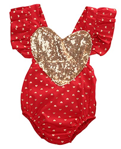 Baby Girl Gold Heart Print Bodysuit Romper Jumpsuit Outfits Playsuit Clothes (0-6months, Red)
