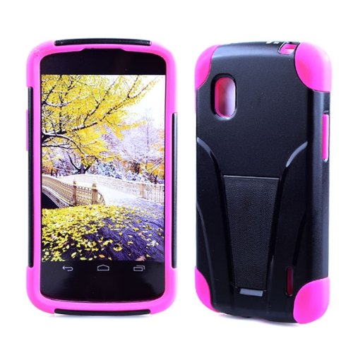 LG Nexus 4, E960 Hybrid Case Defender Cover Heavy Duty Double Layer Protection Silicone Skin and Hard Snap with T style Kickstand Cell-Tronics TM Hot Pink Black