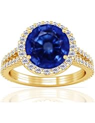 14K Yellow Gold Round Cut Blue Sapphire Ring With Sidestones (GIA Certificate)