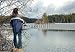 Wallmonkeys Peel and Stick Wall Decals - Man Holding Fishing Rod at a Lake, with Nice Scenery. - Removable Graphic