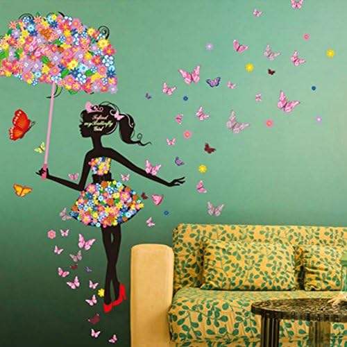 Sotijobs Nature Series SN046 Flower Umbrella Girl Removable Vinyl DIY Wall Art Mural Sticker Decal Decor for Living Room/Bedroom/Playroom/Hallway/Kindergarten/Home Office/School 28"H X 55"W