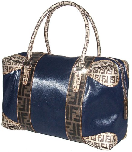 Fendi Shiny Blue with Brown Patterned Trim Large Duffel 8BL097-WD5-F0CRM