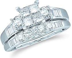 Size - 8 - 10k White Gold Diamond Ladies Womens Bridal Engagement Ring with Matching Wedding Band Two 2 Ring Set Invisible Solitaire Three 3 Stone Style Center Setting with Side Stones Channel Set with Five 5 Stone Princess , Round and Baguette Cut Diamond Ring 5mm (1.0 cttw, G - H Color, SI2 Clarity)