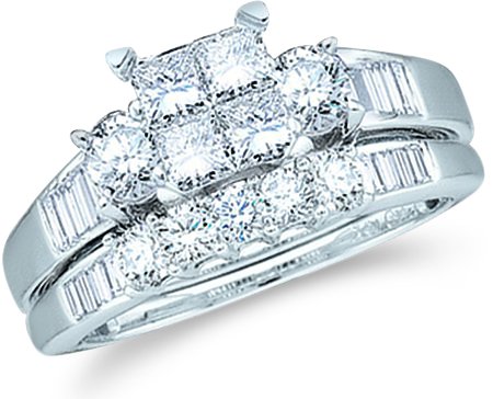 10k White Gold Diamond Ladies Womens Bridal Engagement Ring with Matching Wedding Band Two 2 Ring Set Invisible Solitaire Three 3 Stone Style Center Setting with Side Stones Channel Set with Five 5 Stone Princess , Round & Baguette Cut Diamond Ring 5mm (1.0 cttw, G - H Color, SI2 Clarity)
