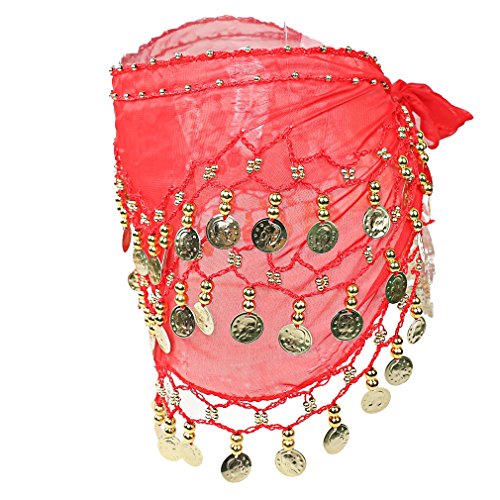 Chiffon Hot Belly Dancing Skirt Belt with 3 Row 98 Gold Coins Dance Hip Scarf Wrap