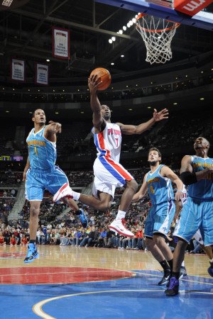 New Orleans Hornets v Detroit Pistons: Ben Gordon and Trevor Ariza Photographic Poster Print by Allen Einstein, 8x12