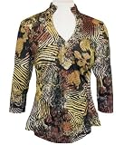 Boho Chic Long Sleeve, Shirred Waist, Mock Collar, Button Front, Multi-Colored Fashion Top - Jungle View