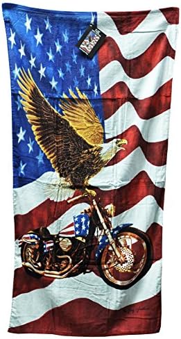 New Vibrant Beach or Pool Towel for Adults &amp; Children - American Flag Bald Eagle Motorcycle