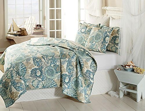 Coastal Aqua Blue Seashells Starfish 3pc Quilt Set ... (Full/Queen Size)