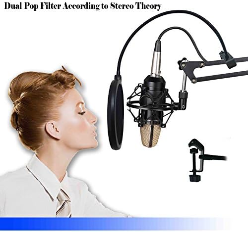 YaPear Pop Filter for Studio Condenser Microphones Musician Recommended Nylon Double Filter Wind Screen -Suitable for most Condenser, Dynamic or Ribbon Mics -360° Flexible, Black