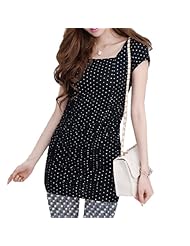  Pleated Short Sleeves Square Neck Cotton Above the Knee Dots Print Tunic  With Ruffles