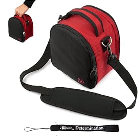 Red Slim Holster Camera Bag Carrying Case will easily hold your camera, lenses, grip, flash, and accessories for Sony Alpha A850 Sony a35 DSLR a55 DSLR a390 DSLR a77 DSLR a65 DSLR Canon Rebel T3i T2i EOS Rebel Xsi EOS 5D Mark II 50D Nikon D3100 D3000 D5100 D90 DX D5000 Pentax K-7 K-x K-r Digital SLR