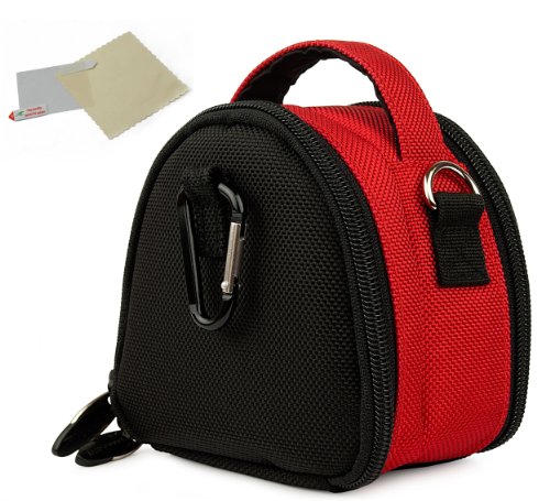 Red Limited Edition Camera Bag Carrying Case with battery charger, battery charger, memory cards, and accessories Pocket for Olympus FE-4050 FE-5040 FE-5050 SH-21 Stylus-5010 Stylus-7040 Stylus-7050 Stylus-9000 Stylus Tough-3000 Stylus Touch 6020 Stylus Touch-8010 T-10 T-110 TG-310 TG-320 TG-610 TG-810 VG-110 VG-120 VG-150 VG-160 VG-170 VG-320 VH-120 VR-320 VR-330 VR-340 VR-350 VR-360 Point and Shoot Digital Camera + One anti glare screen protector