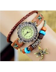 KANO BAK(TM) Fashion Weave Wrap Around Press Button Leather Retro Bracelet Woman Girl Unisex Dragonfly Wrist Nice Gift Watch Brown