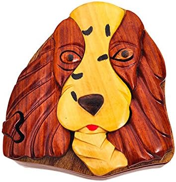 Handmade Wooden Art Intarsia TRICK SECRET Springer Spaniel Dog Puppy Puzzle Trinket Box (3314) (g2)