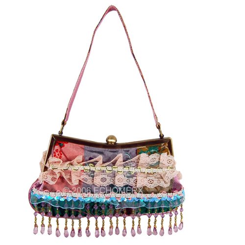 Victorian Lace Purse Beaded Fringe Floral Print