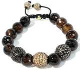 Shamballa Bracelet Three 14mm CZ Paves Two Black and One Champagne CZ with 12mm Faceted Dark Brown Agate Adjustable Macrame Lock with Two 8mm Champagne CZ Pave Ends Unisex Handmade