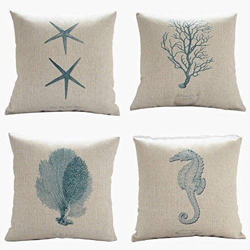 Sunlilee 4 Pack Ocean Theme Squre Cotton Linen Throw Pillow Cushion Cover Case Starfish Coral 18" X 18"