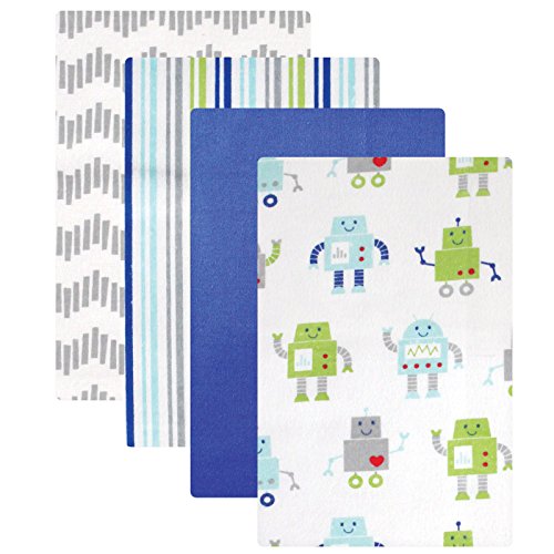 Luvable Friends Flannel Receiving Blankets, Robot, 4 Count